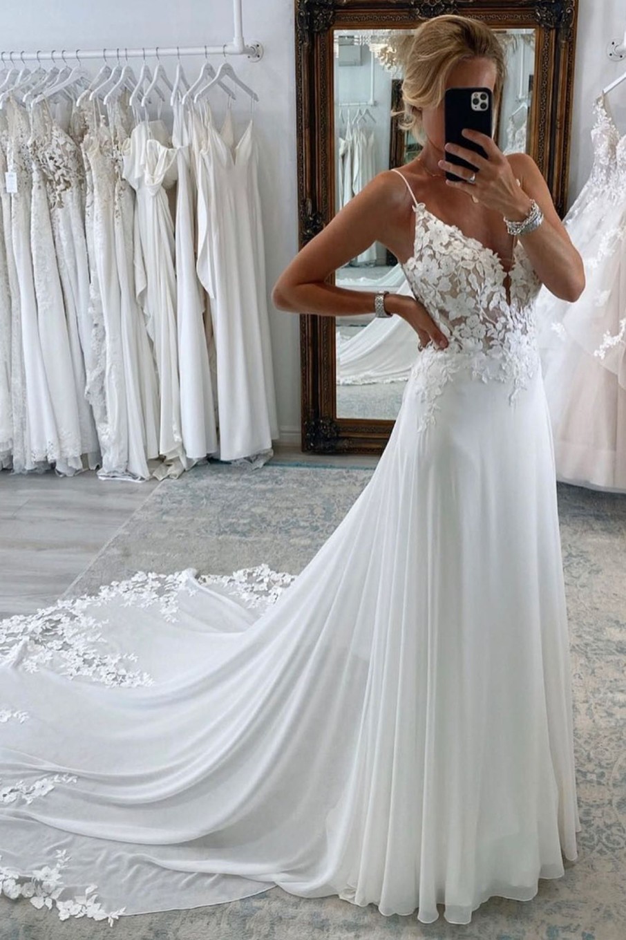 Wedding Dresses HELLYMOON | Long Chiffon Boho A-Line Wedding Dress With Lace White