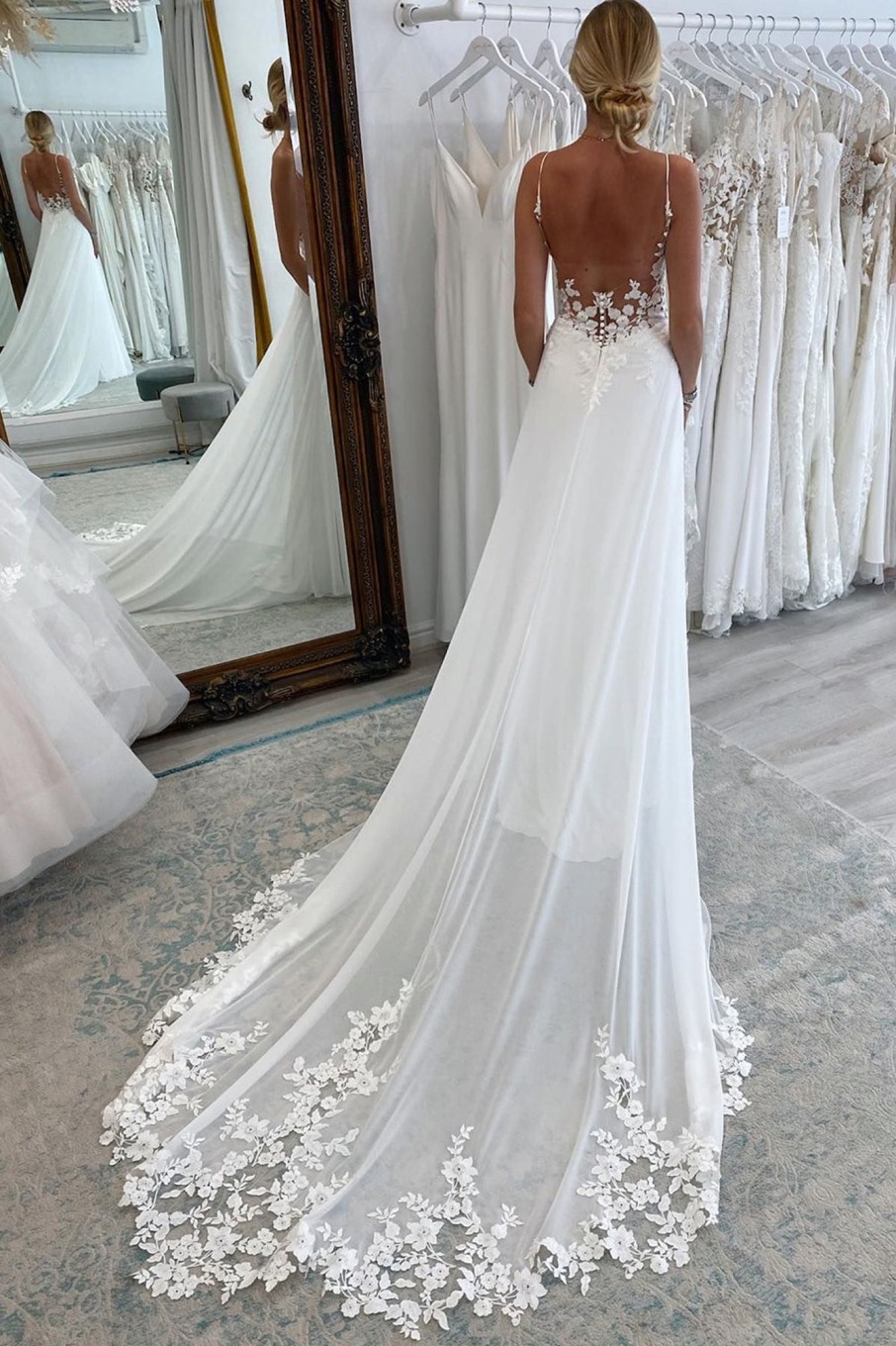 Wedding Dresses HELLYMOON | Long Chiffon Boho A-Line Wedding Dress With Lace White