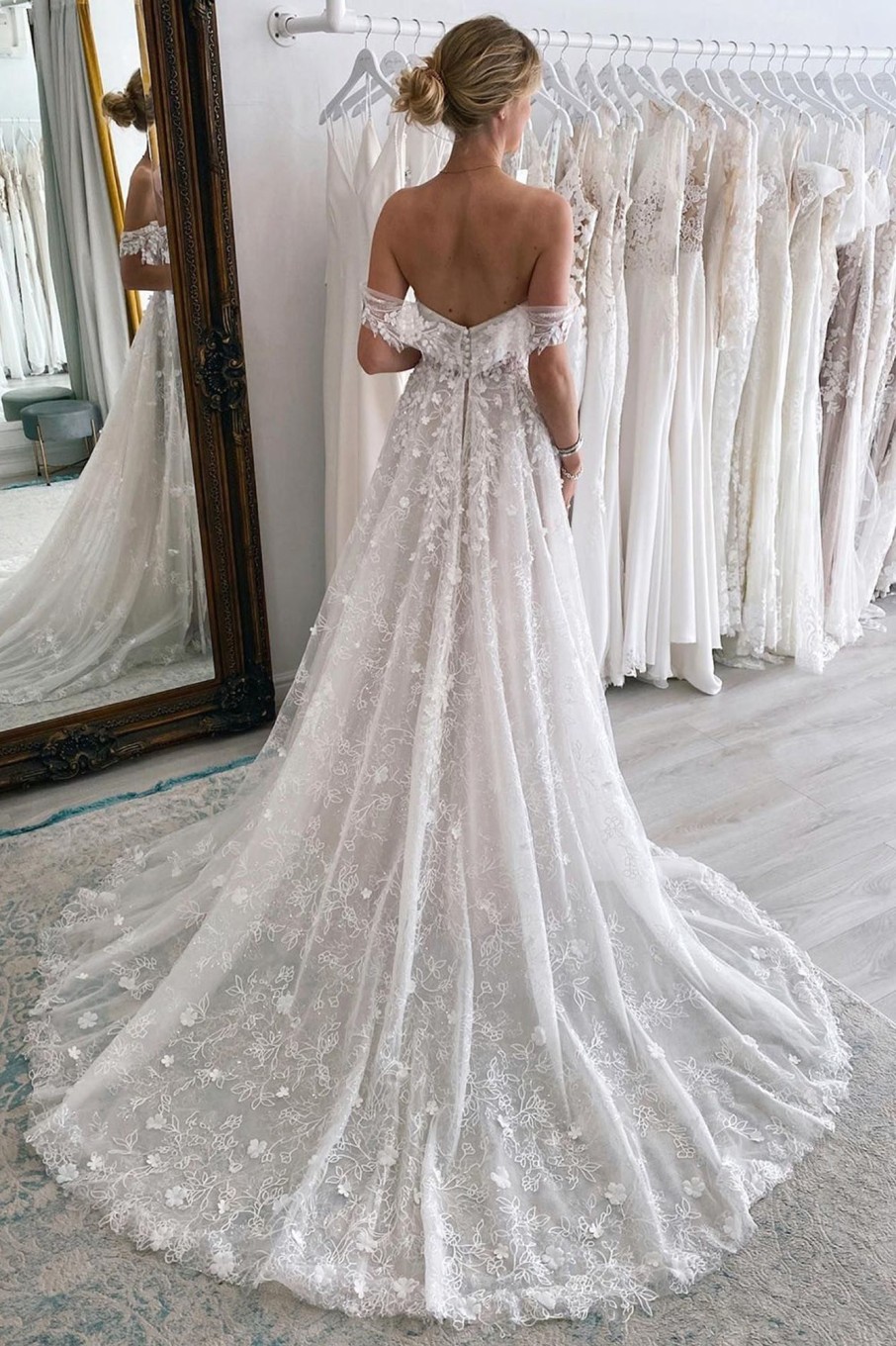 Wedding Dresses HELLYMOON | Off The Shoulder Long Lace Mermaid Wedding Dress With Appliques Ivory