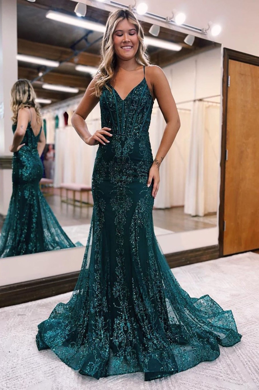 Prom Dresses HELLYMOON | Sparkly Mermaid Sequin Long Prom Dress Dark Green