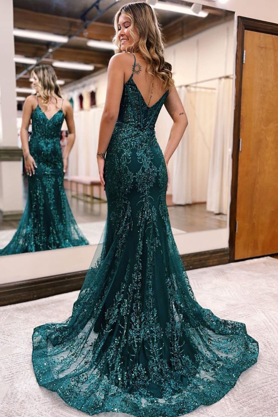 Prom Dresses HELLYMOON | Sparkly Mermaid Sequin Long Prom Dress Dark Green