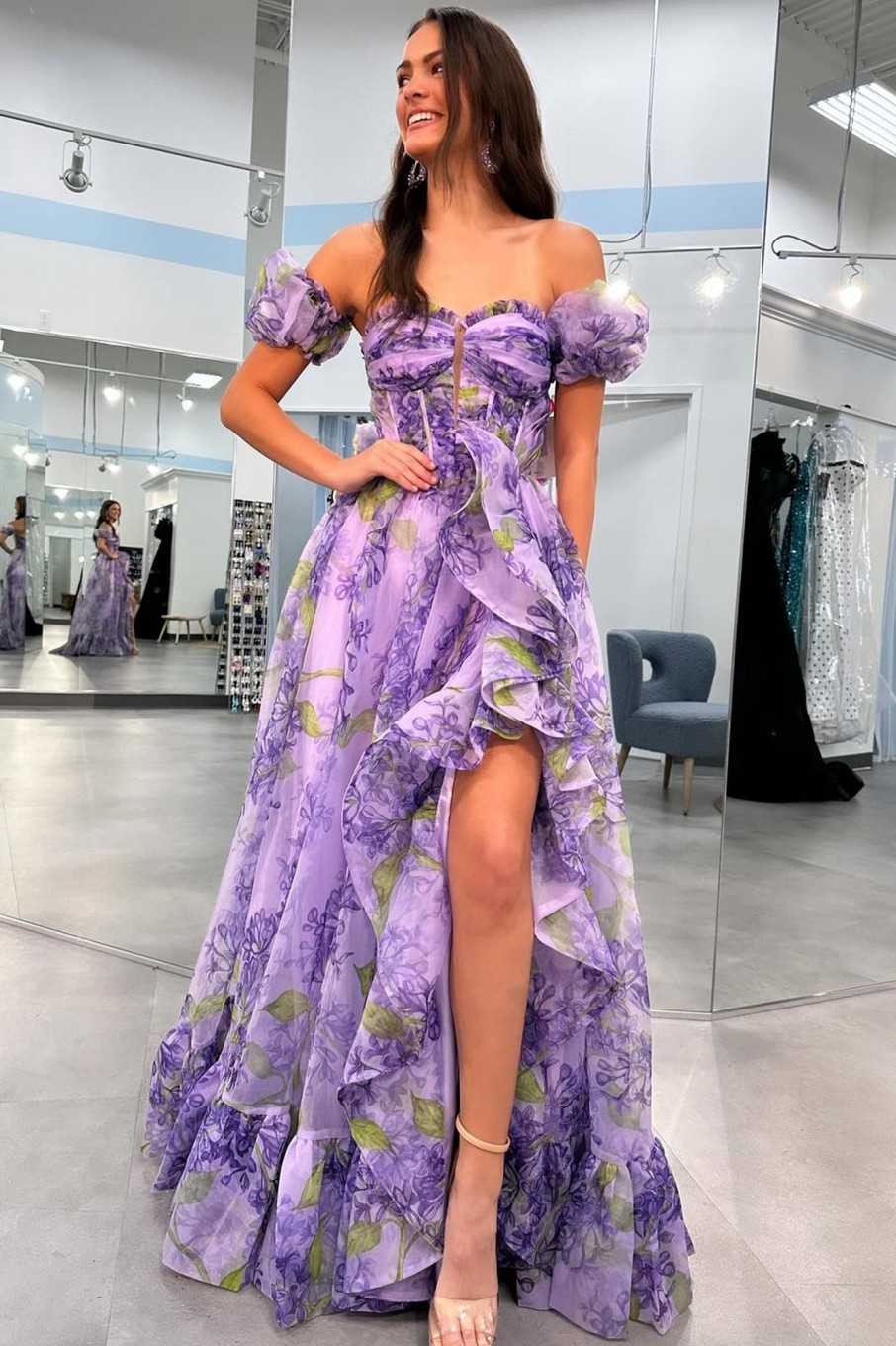 Prom Dresses HELLYMOON | Removable Sleeves Printed Princess Prom Dress With Ruffles Lavender