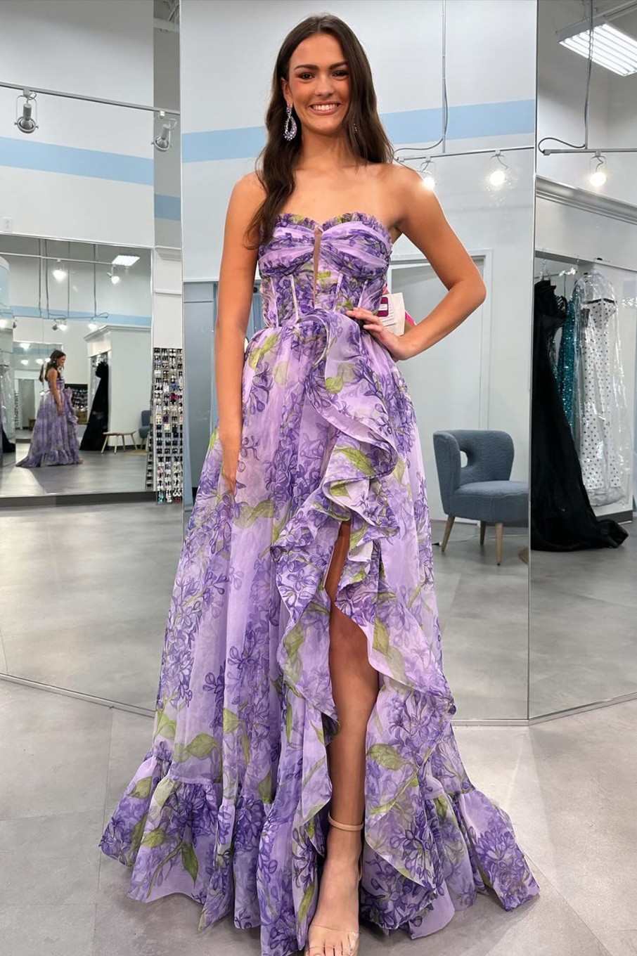 Prom Dresses HELLYMOON | Removable Sleeves Printed Princess Prom Dress With Ruffles Lavender