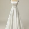 Wedding Dresses HELLYMOON | Simple A Line Square Neck White Long Wedding Dress Offwhite