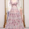 Prom Dresses HELLYMOON | A Line Floral Print Adjustable Straps Long Prom Dress Pink