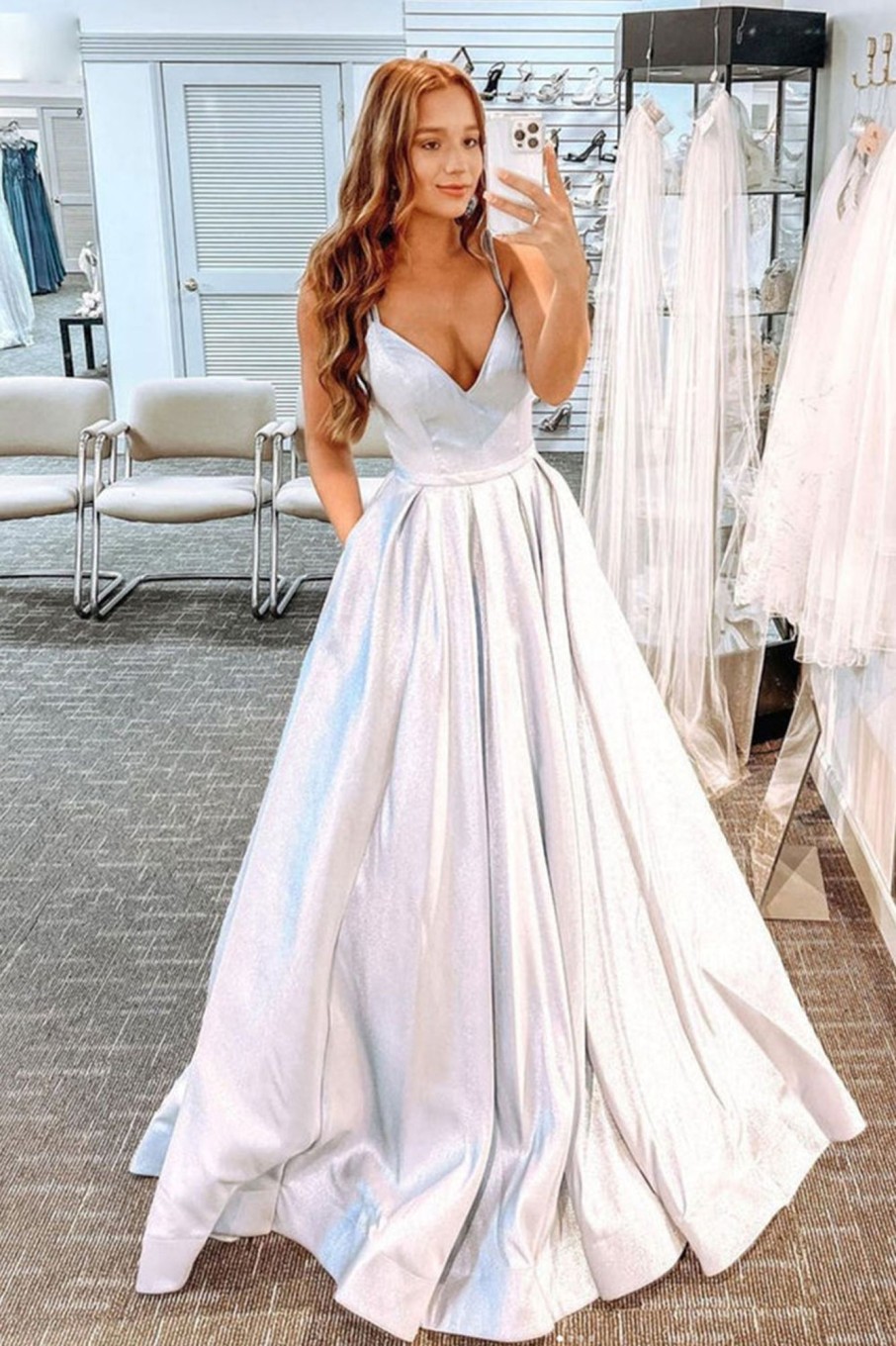 Prom Dresses HELLYMOON | Glitter Long Prom Dress With Pockets White