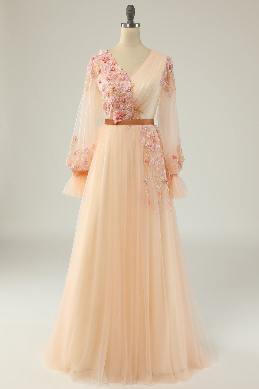 Special Occasion HELLYMOON | Elegant A Line V Neck Long Prom Dress With Appliques Apricot