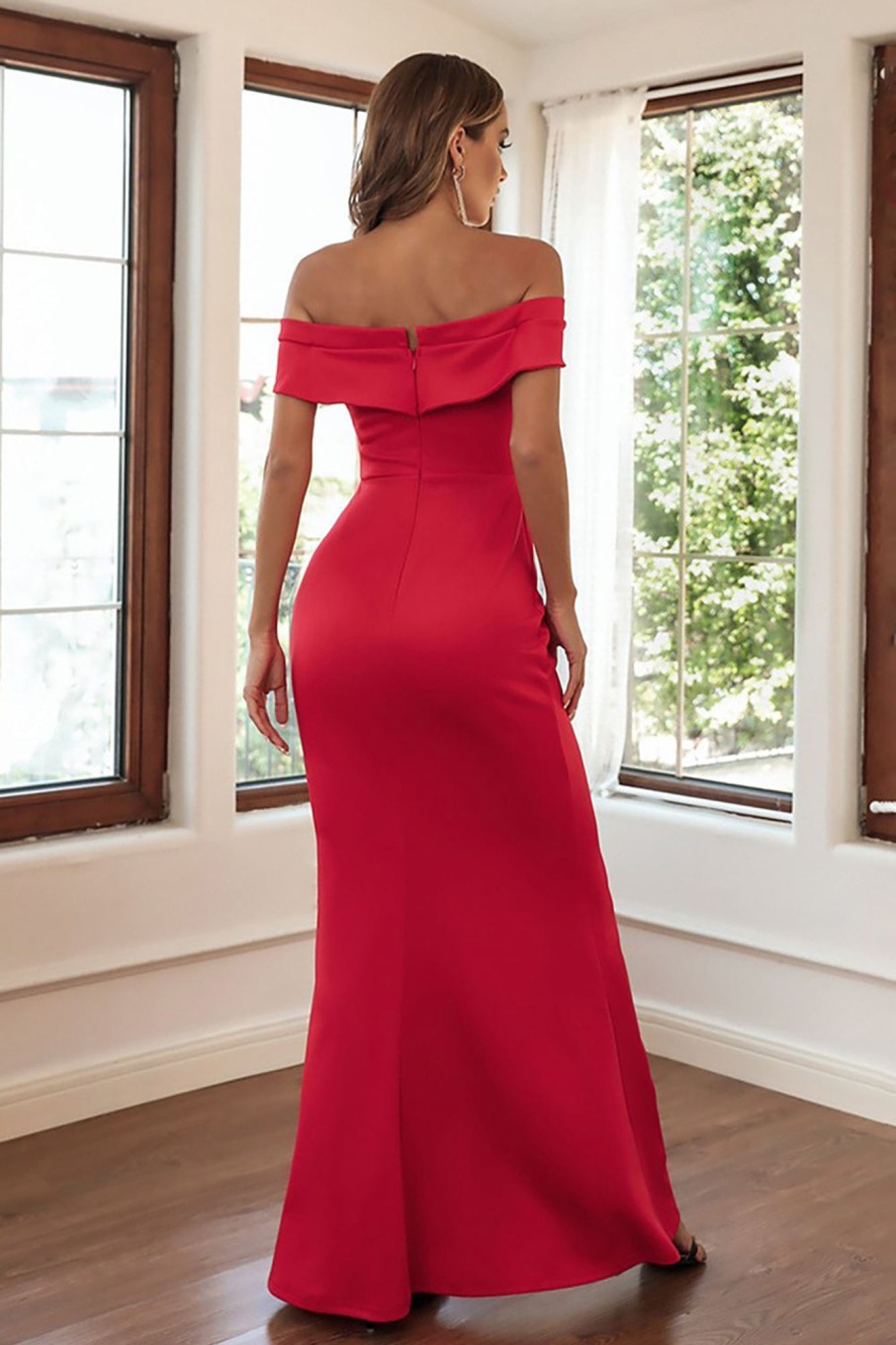 Prom Dresses HELLYMOON | Off The Shoulder Sheath Long Formal Dress Red