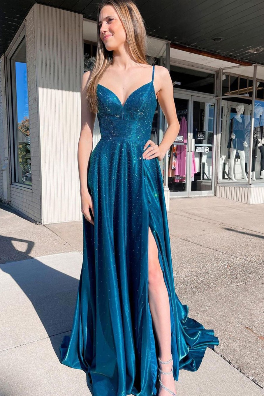 Prom Dresses HELLYMOON | Lace-Up Back Sparkly Prom Dress With Slit Blue