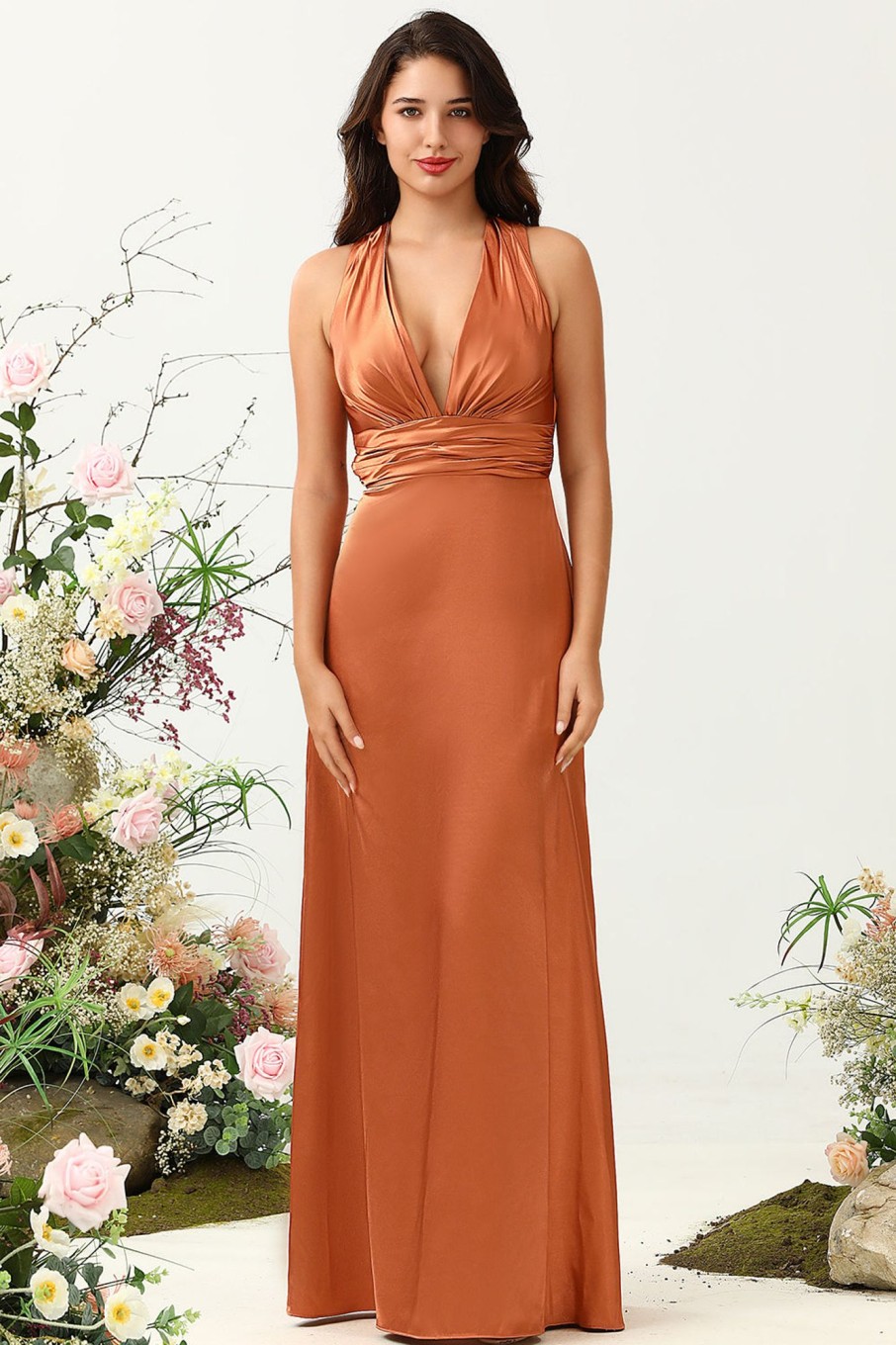 Partywear HELLYMOON | A Line Halter Neck Long Bridesmaid Dress With Criss Cross Back