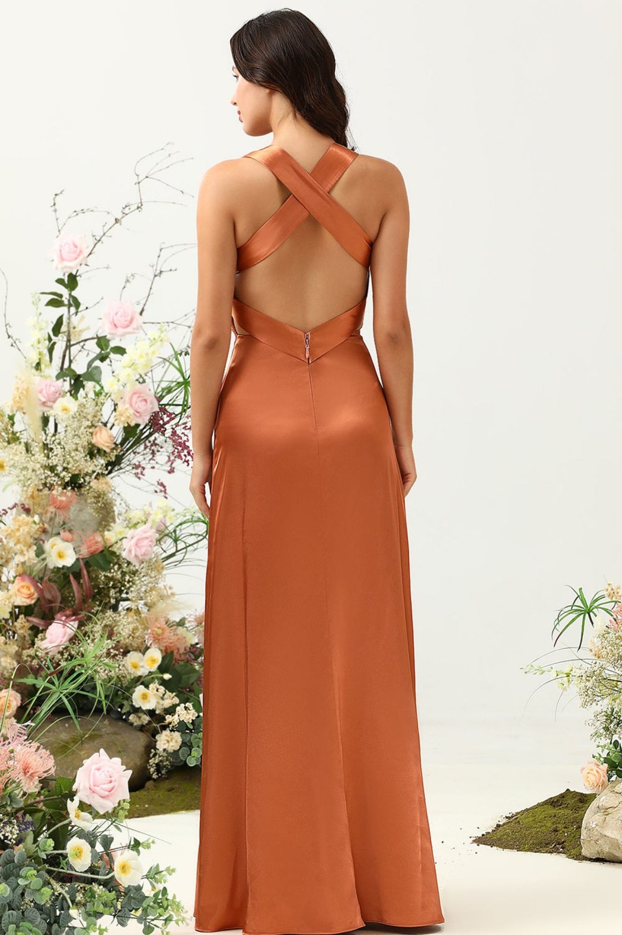 Partywear HELLYMOON | A Line Halter Neck Long Bridesmaid Dress With Criss Cross Back