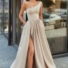 Prom Dresses HELLYMOON | One Shoulder Satin A-Line Prom Dress With Slit