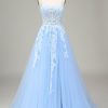 Prom Dresses HELLYMOON | Tulle A-Line Spaghetti Straps Prom Dress With Appliques Sky Blue