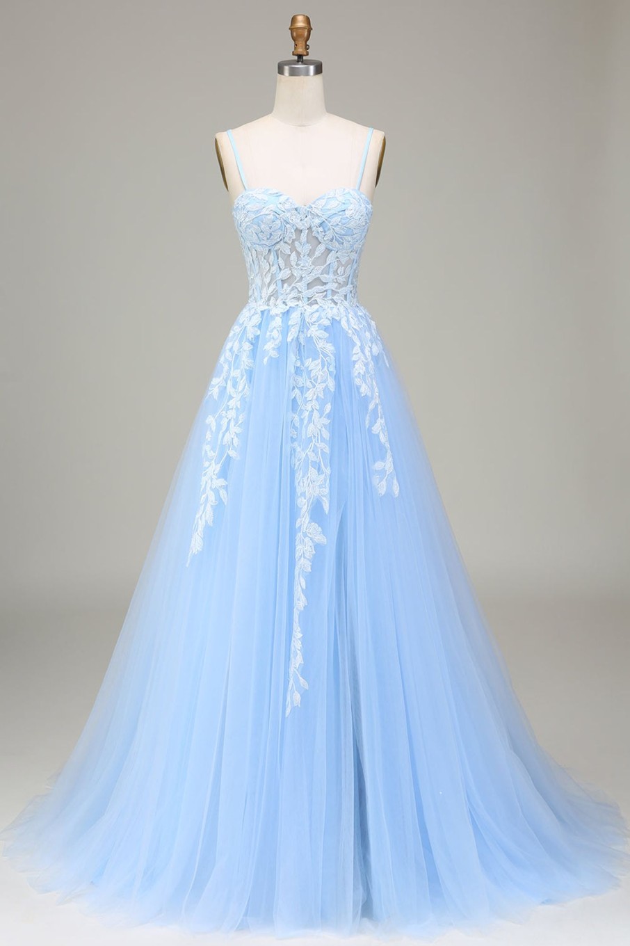 Prom Dresses HELLYMOON | Tulle A-Line Spaghetti Straps Prom Dress With Appliques Sky Blue