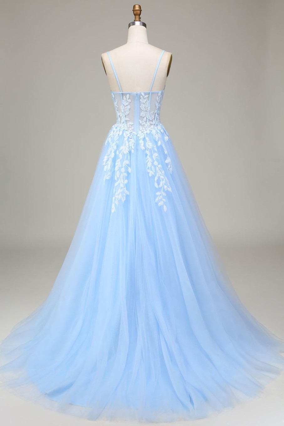 Prom Dresses HELLYMOON | Tulle A-Line Spaghetti Straps Prom Dress With Appliques Sky Blue