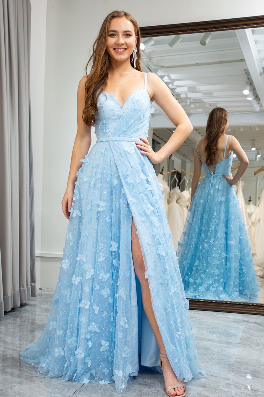 Prom Dresses HELLYMOON | A Line Spaghetti Straps Long Prom Dress With 3D Butterflies Sky Blue