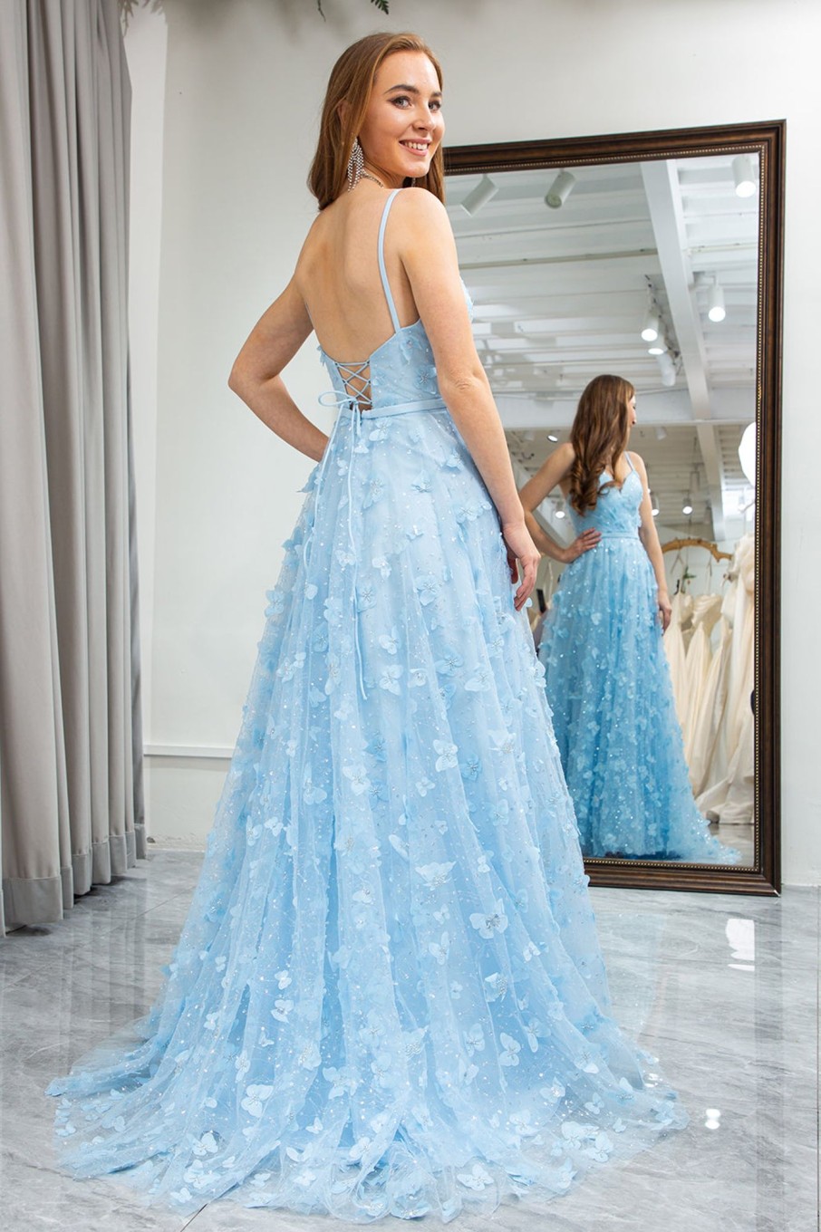 Prom Dresses HELLYMOON | A Line Spaghetti Straps Long Prom Dress With 3D Butterflies Sky Blue