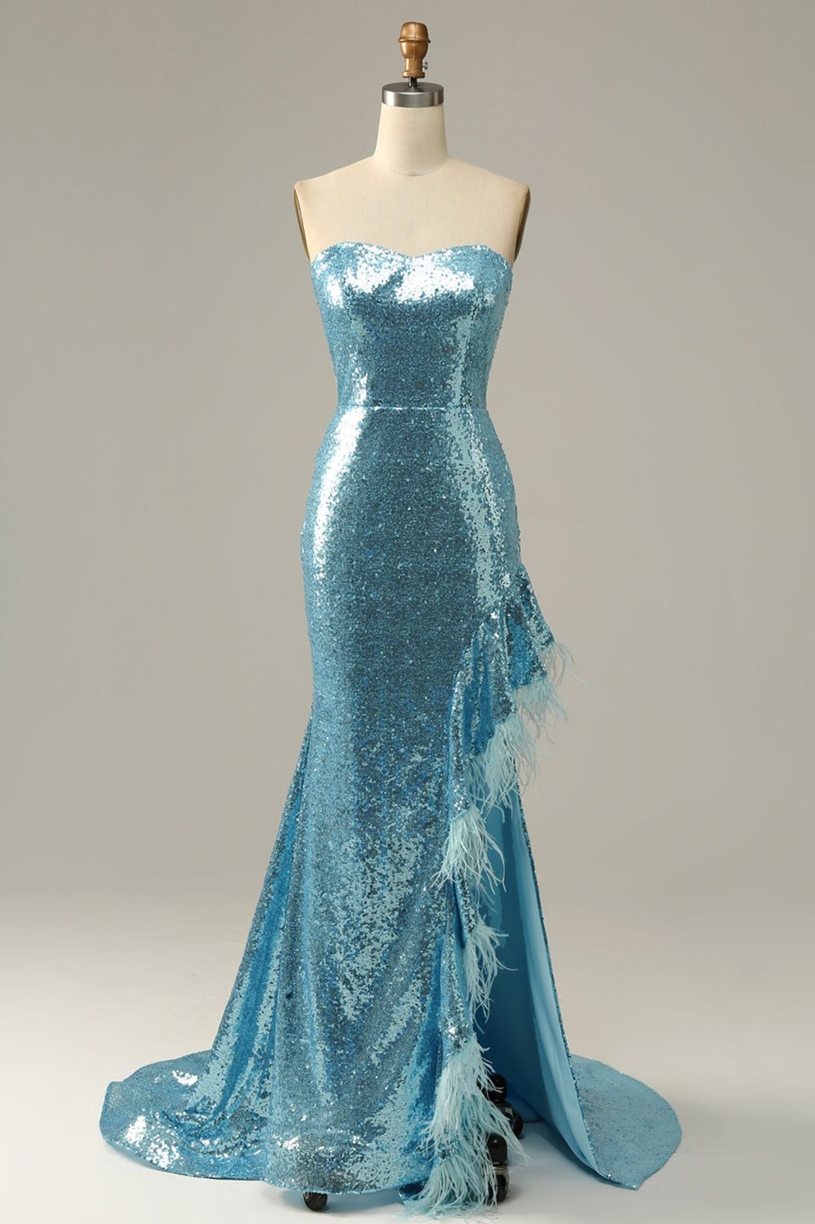 Special Occasion HELLYMOON | Sequin Feathers Strapless Prom Dress With Slit Sky Blue