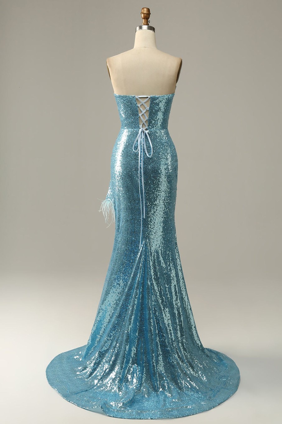 Special Occasion HELLYMOON | Sequin Feathers Strapless Prom Dress With Slit Sky Blue