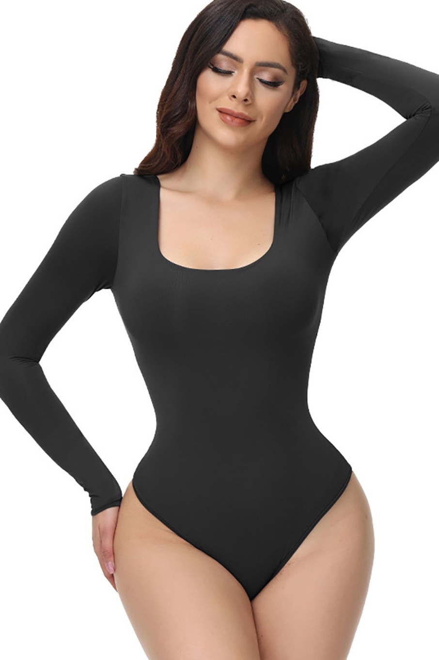 Accessories HELLYMOON | Long Sleeves Scoop Neck Tummy Control Shapewear Black