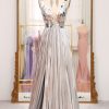 Prom Dresses HELLYMOON | Sparkly A-Line V-Neck Long Pleated Prom Dress Silver