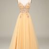 Prom Dresses HELLYMOON | Charming A Line Spaghetti Straps Long Prom Dress With Beading Golden