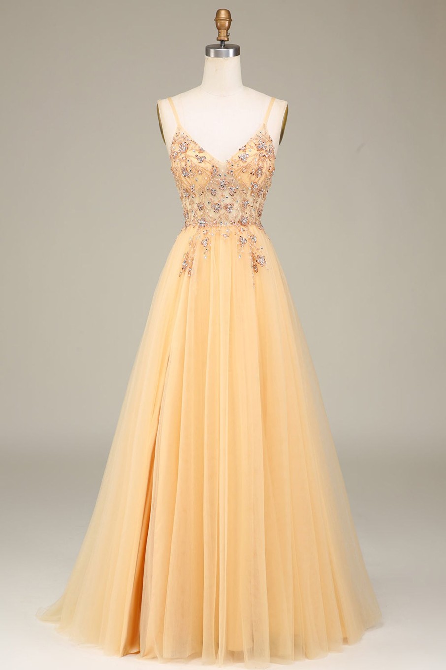 Prom Dresses HELLYMOON | Charming A Line Spaghetti Straps Long Prom Dress With Beading Golden