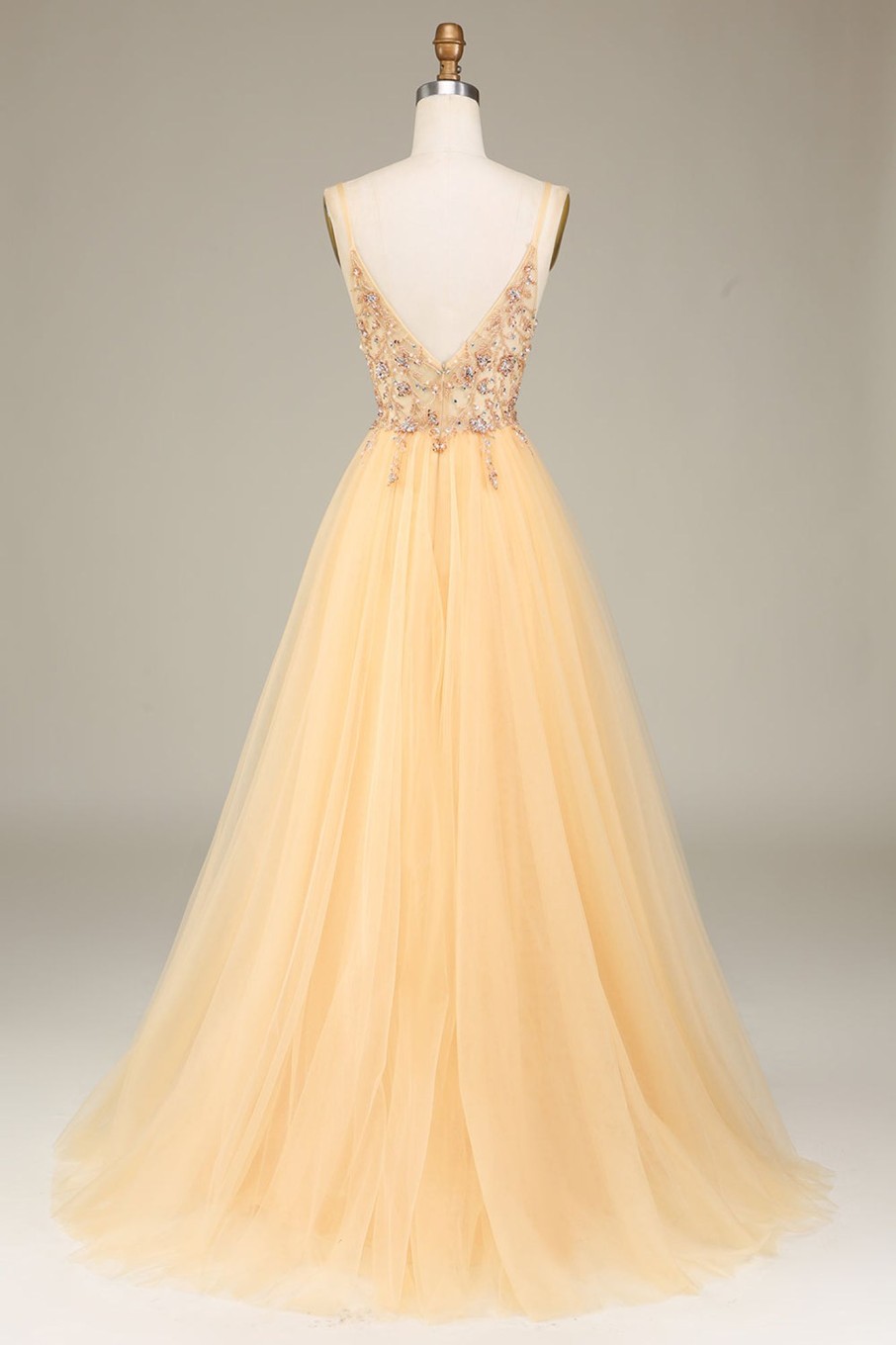 Prom Dresses HELLYMOON | Charming A Line Spaghetti Straps Long Prom Dress With Beading Golden