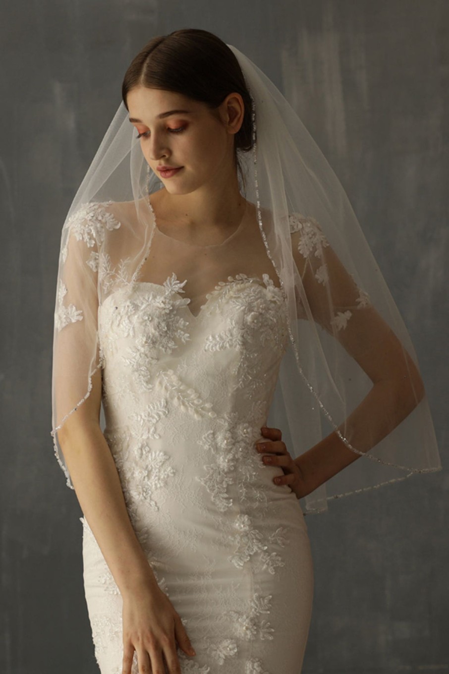 Accessories HELLYMOON | Handmade Beaded Mid-Length Bridal Veil White