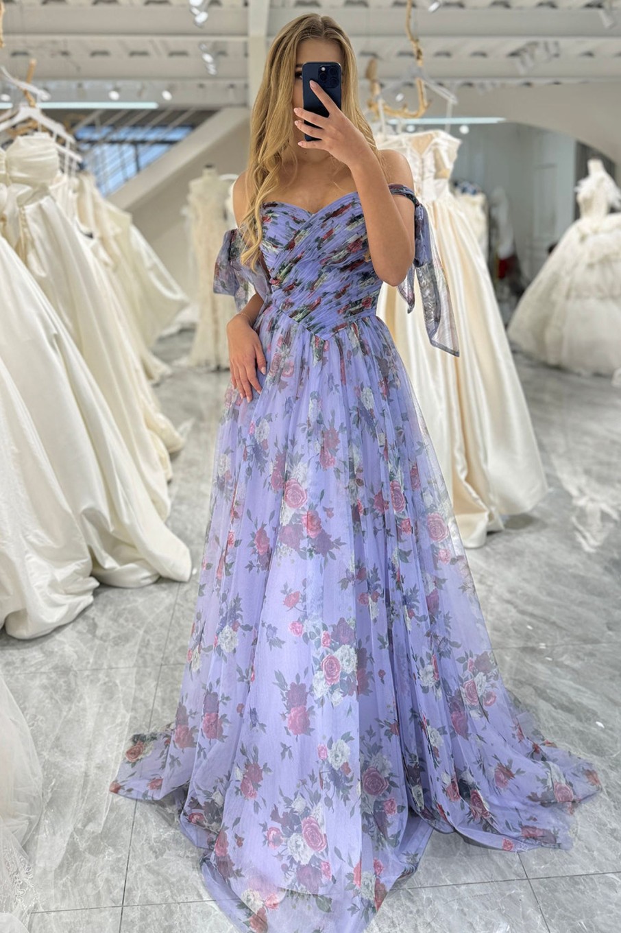 Prom Dresses HELLYMOON | A-Line Printed Off The Shoulder Prom Dress Lavendar