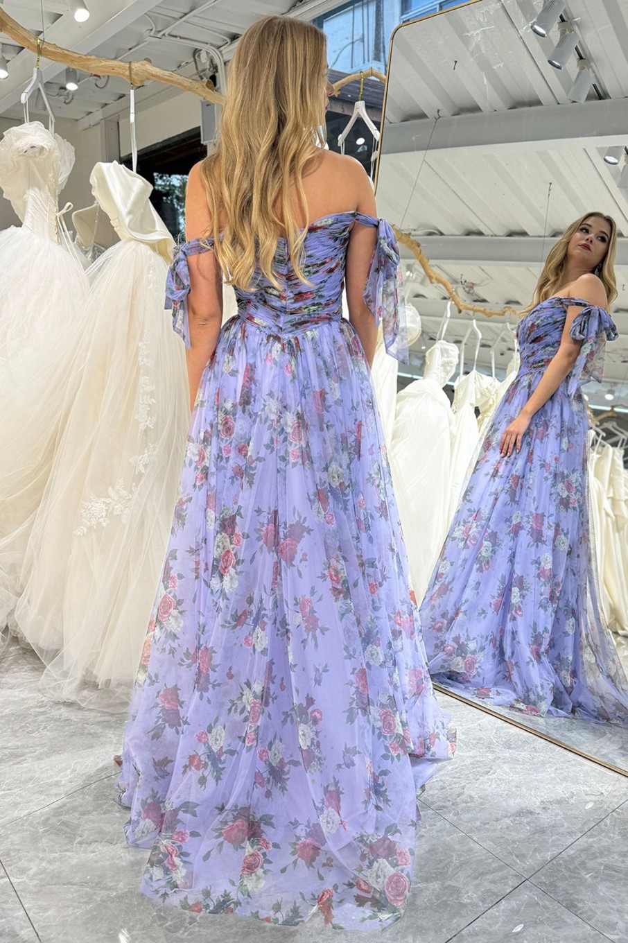 Prom Dresses HELLYMOON | A-Line Printed Off The Shoulder Prom Dress Lavendar