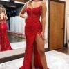 Prom Dresses HELLYMOON | Sequins Mermaid Spaghetti Straps Long Prom Dress With Slit Red