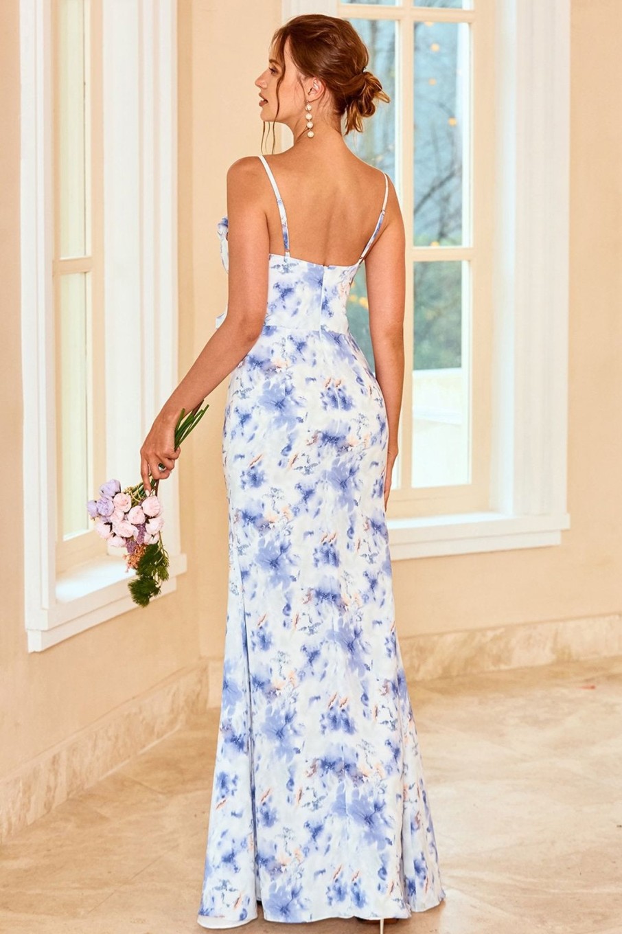 Partywear HELLYMOON | Sheath Spaghetti Straps Floral Print Long Bridesmaid Dress With Split Front Blue