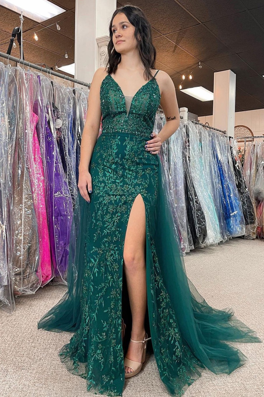 Special Occasion HELLYMOON | Sequins Mermaid Prom Dress With Slit Dark Green