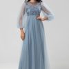 Partywear HELLYMOON | A Line Jewel Neck Grey Blue Long Bridesmaid Dress With Long Sleeves