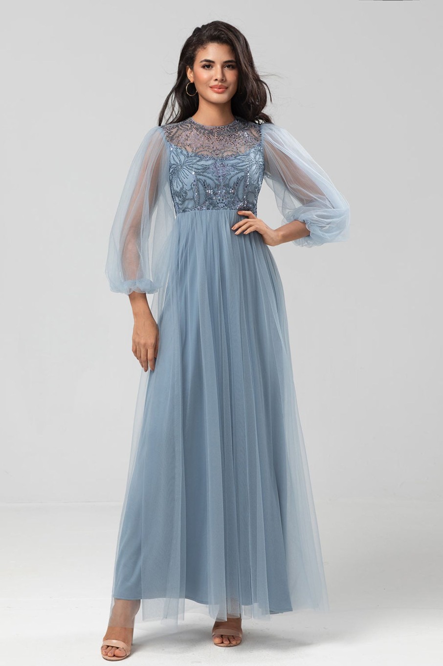 Partywear HELLYMOON | A Line Jewel Neck Grey Blue Long Bridesmaid Dress With Long Sleeves