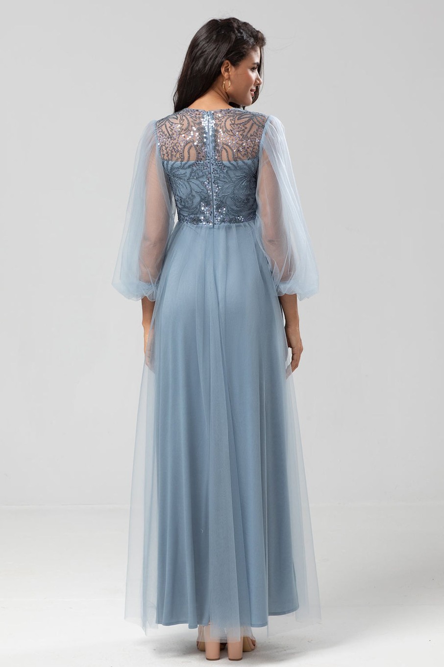 Partywear HELLYMOON | A Line Jewel Neck Grey Blue Long Bridesmaid Dress With Long Sleeves