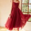 Prom Dresses HELLYMOON | Spaghetti Straps Polka Dots Midi Prom Dress Red