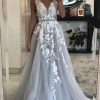 Wedding Dresses HELLYMOON | Tulle A-Line V-Neck Wedding Dress With Appliques Grey