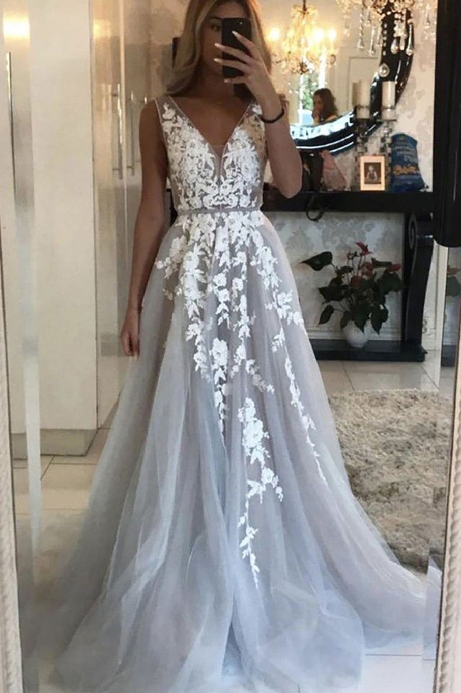 Wedding Dresses HELLYMOON | Tulle A-Line V-Neck Wedding Dress With Appliques Grey