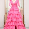 Prom Dresses HELLYMOON | A Line Hot V Neck Long Tiered Prom Dress With Slit Pink