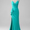 Prom Dresses HELLYMOON | V-Neck Spaghetti Straps Open Back Mermaid Pleated Prom Dress Turquoise