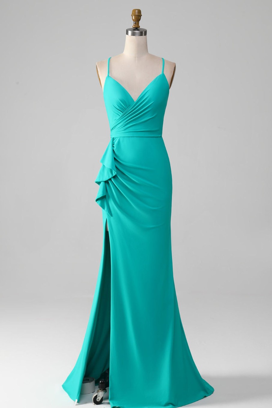 Prom Dresses HELLYMOON | V-Neck Spaghetti Straps Open Back Mermaid Pleated Prom Dress Turquoise