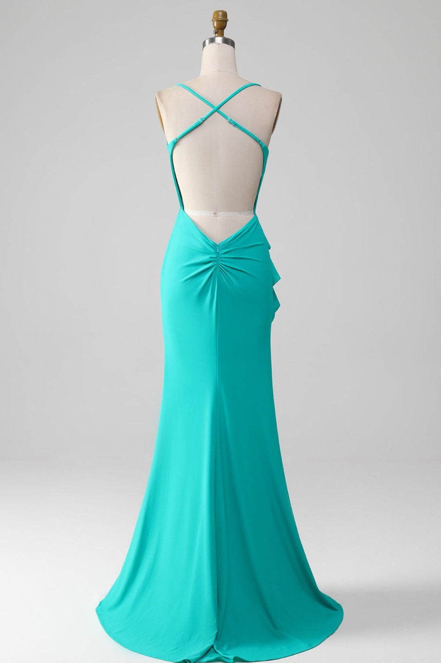 Prom Dresses HELLYMOON | V-Neck Spaghetti Straps Open Back Mermaid Pleated Prom Dress Turquoise