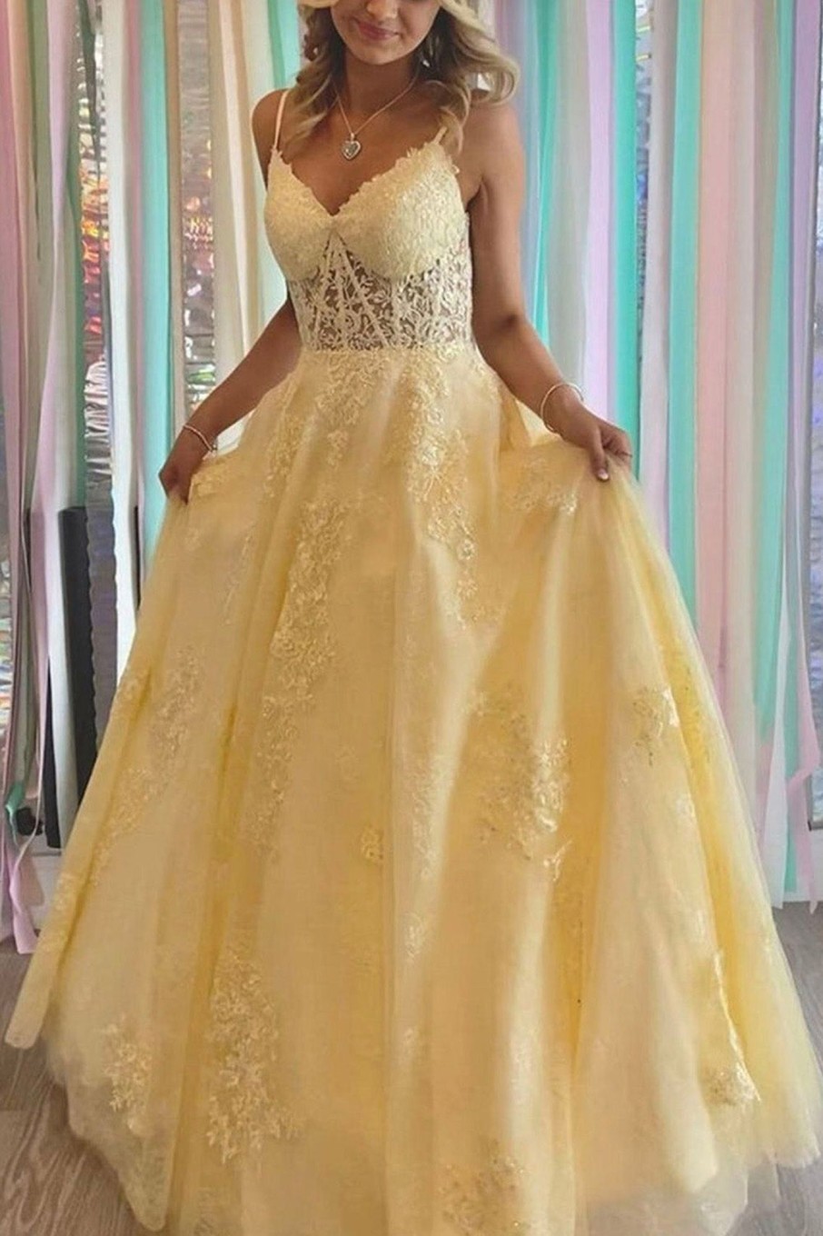 Special Occasion HELLYMOON | Yellow A Line Princess Corset Prom Dress With Appliques Light Yellow