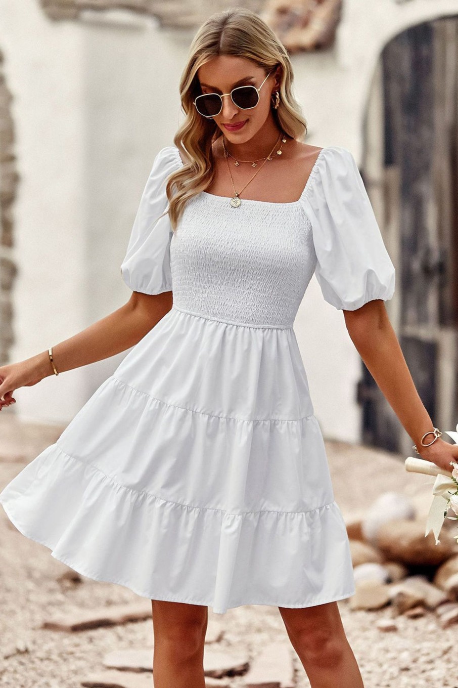 Special Occasion HELLYMOON | Square Neck Mini Graduation Dress With Short Sleeves White