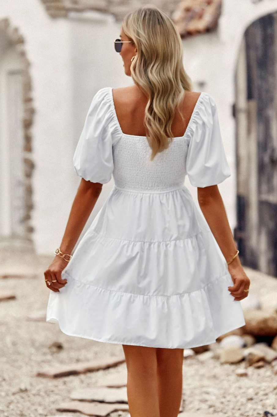 Special Occasion HELLYMOON | Square Neck Mini Graduation Dress With Short Sleeves White