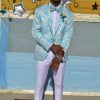 Men HELLYMOON | Shawl Lapel Jacquard One Button Men'S Prom Blazer Light Blue