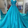 Prom Dresses HELLYMOON | One Shoulder A Line Princess Prom Dress With Beading Waist Sky Blue