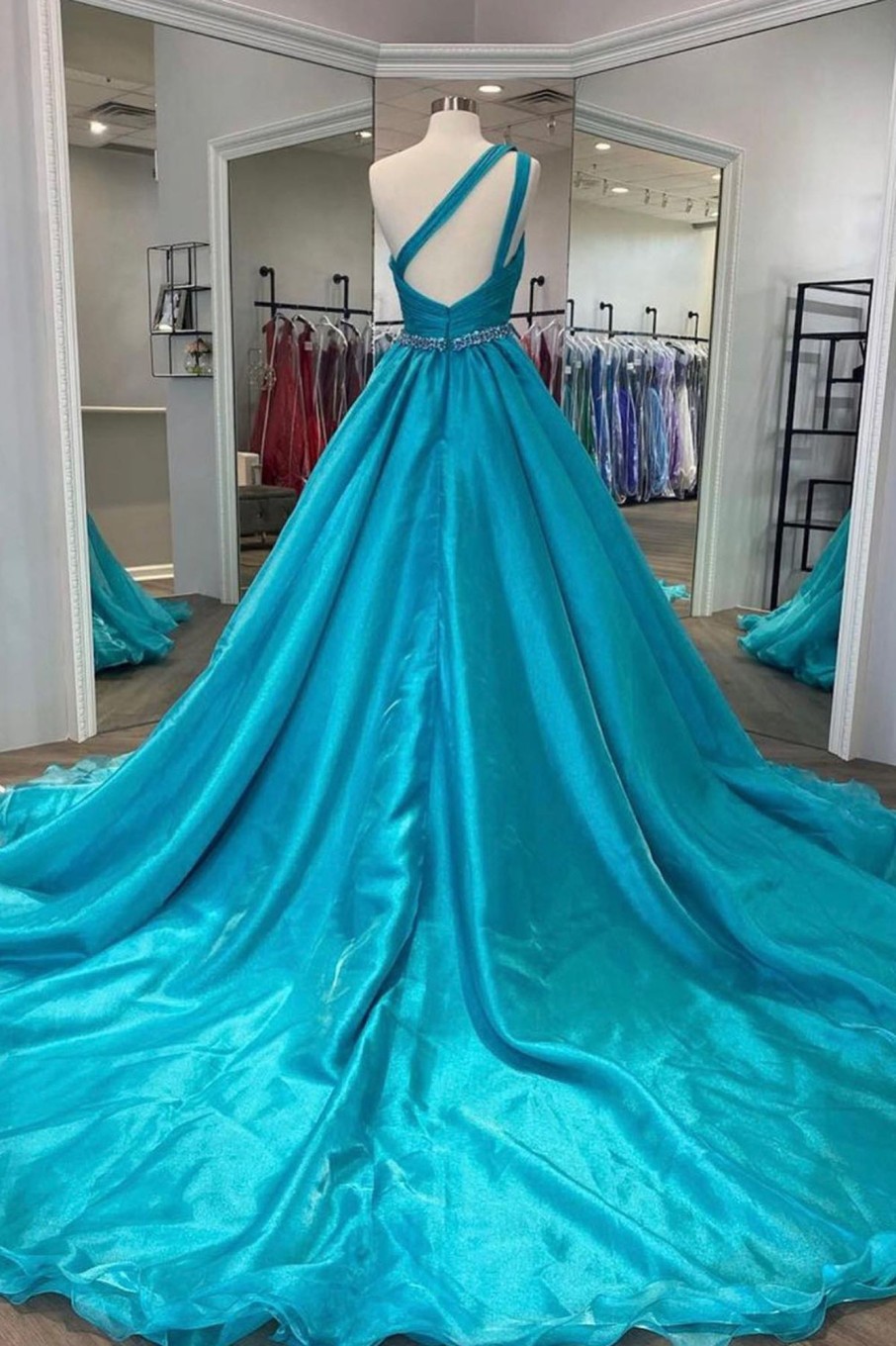 Prom Dresses HELLYMOON | One Shoulder A Line Princess Prom Dress With Beading Waist Sky Blue